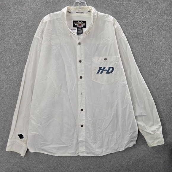 Harley Davidson Men Button Up Shirt 2XL White Logo Embroidered Workwear READ - Picture 1 of 13